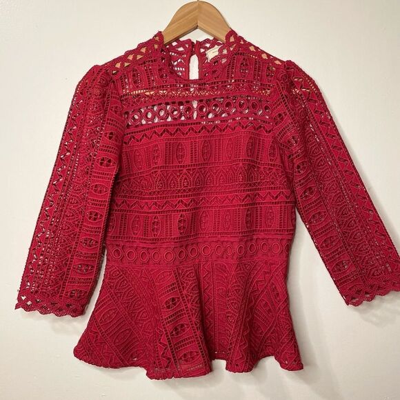 Moulinette Soeurs by Anthropologie Tamera Geometric Lace Peplum Red Blouse Sz 0 - Picture 3 of 6